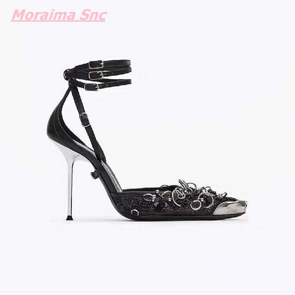 Summer Women Sandals Newest Mesh Stiletto One Word Buckle Pointed Toe Cool Shallow Punk Solid Metal Decoration Shoe