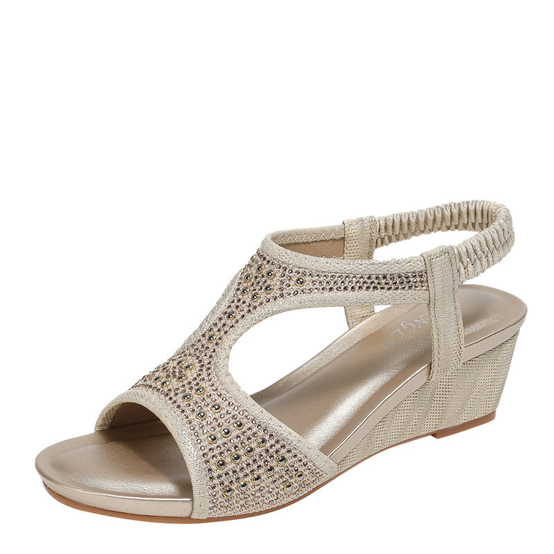 Fashionable Women's Sandals New Mid Heel Elastic Rhinestone Wedge Sandals