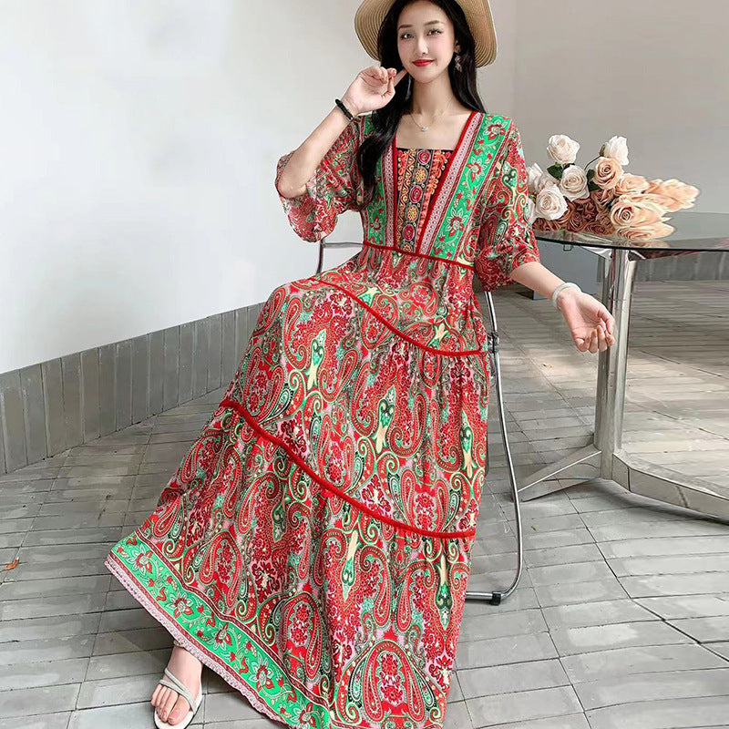 Summer Vintage Cotton Silk Ethnic Style Embroidered Dress Women