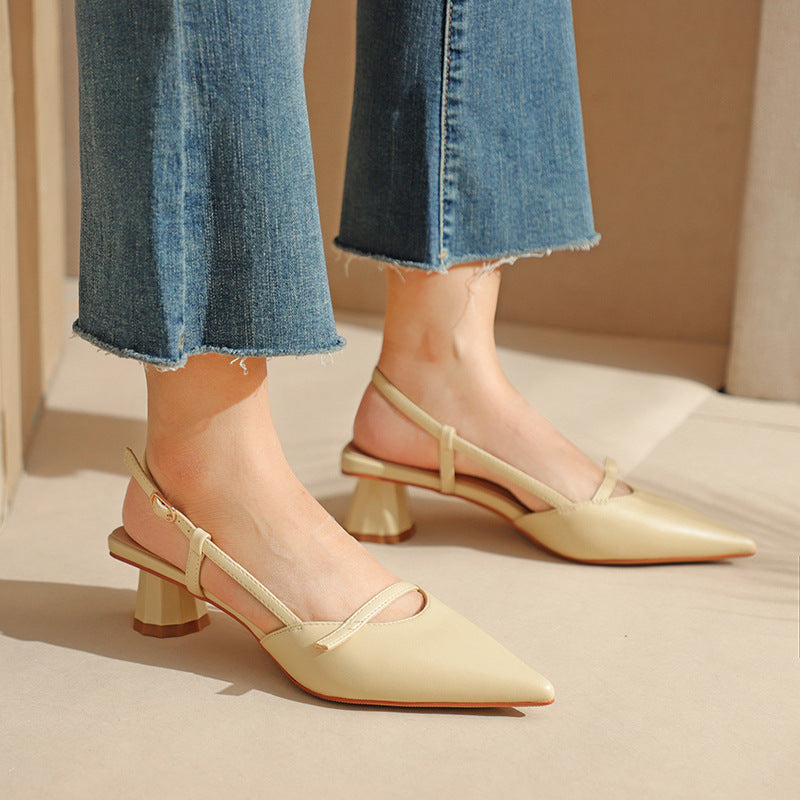 Women's Chunky Heel Low Heel Pointed Leather Stitching Fashion Sandals