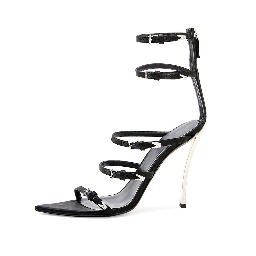 High Heeled Pointed Roman Sandals, Satin Sheepskin Buckle, Womens Oversized Shoes