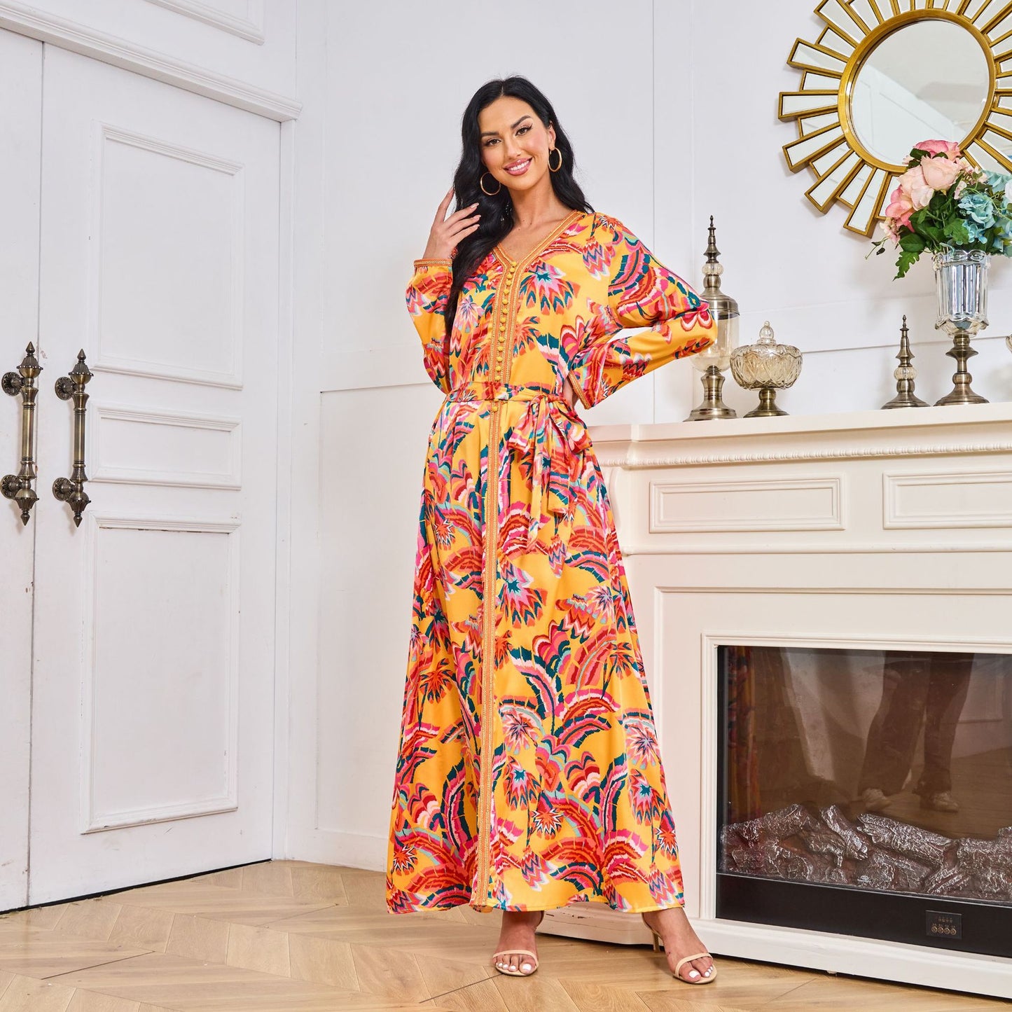 Arab clothing printed color blocked smooth dress