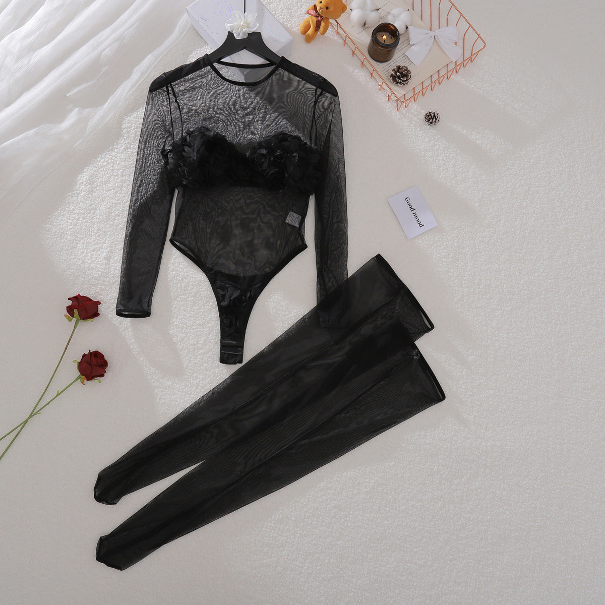 Mesh see through jumpsuit abdominal shaping underwear two-piece set