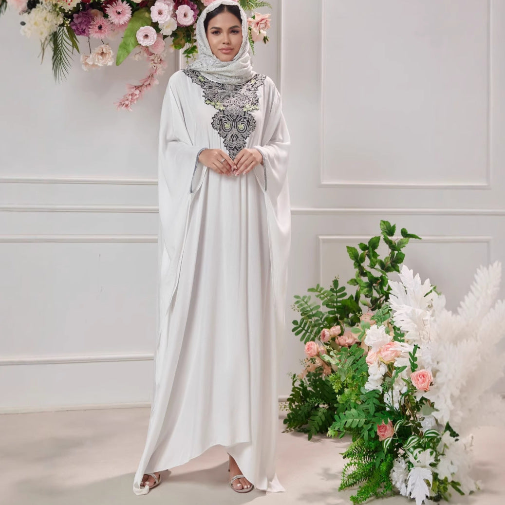 Women's Middle East Muslim Long Robe Heavy Embroidery Splicing Lace Dress Gown