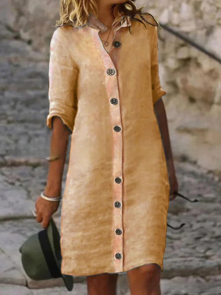 A pure cotton and linen dress with a shirt collar and middle sleeves