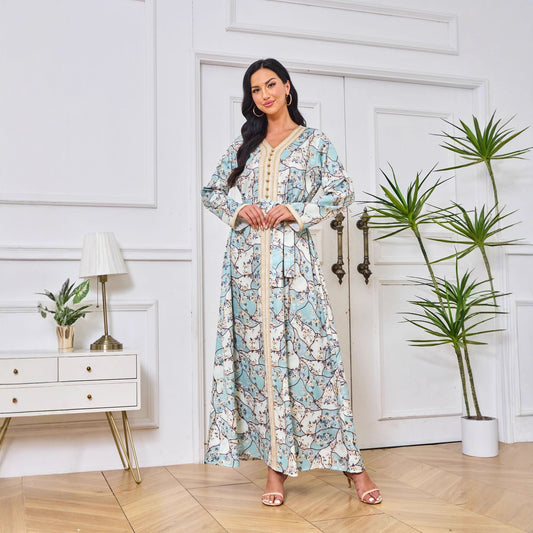 Dubai Abaya Gown Dress With Printed Hot-stone And Embroidered Detailing