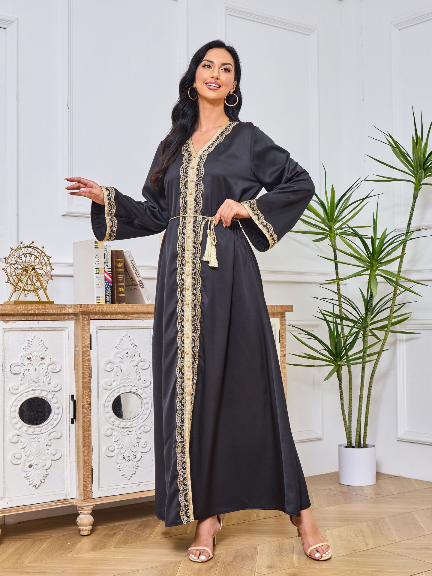 Dubai Abaya Gown Dress With Printed Hot-stone And Embroidered Detailing