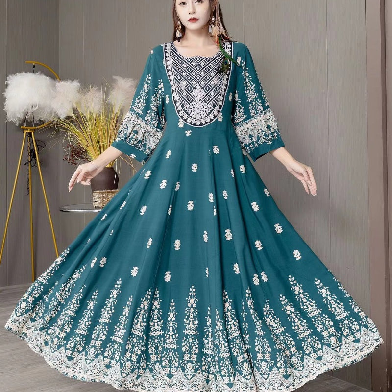 Bohemian Style Dress Ethnic Style Embroidered Large Swing Skirt