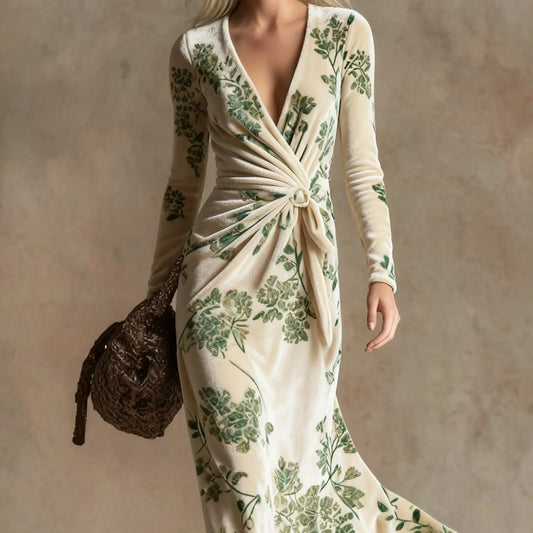 Womens V-neck Long-sleeve Maxi Dress