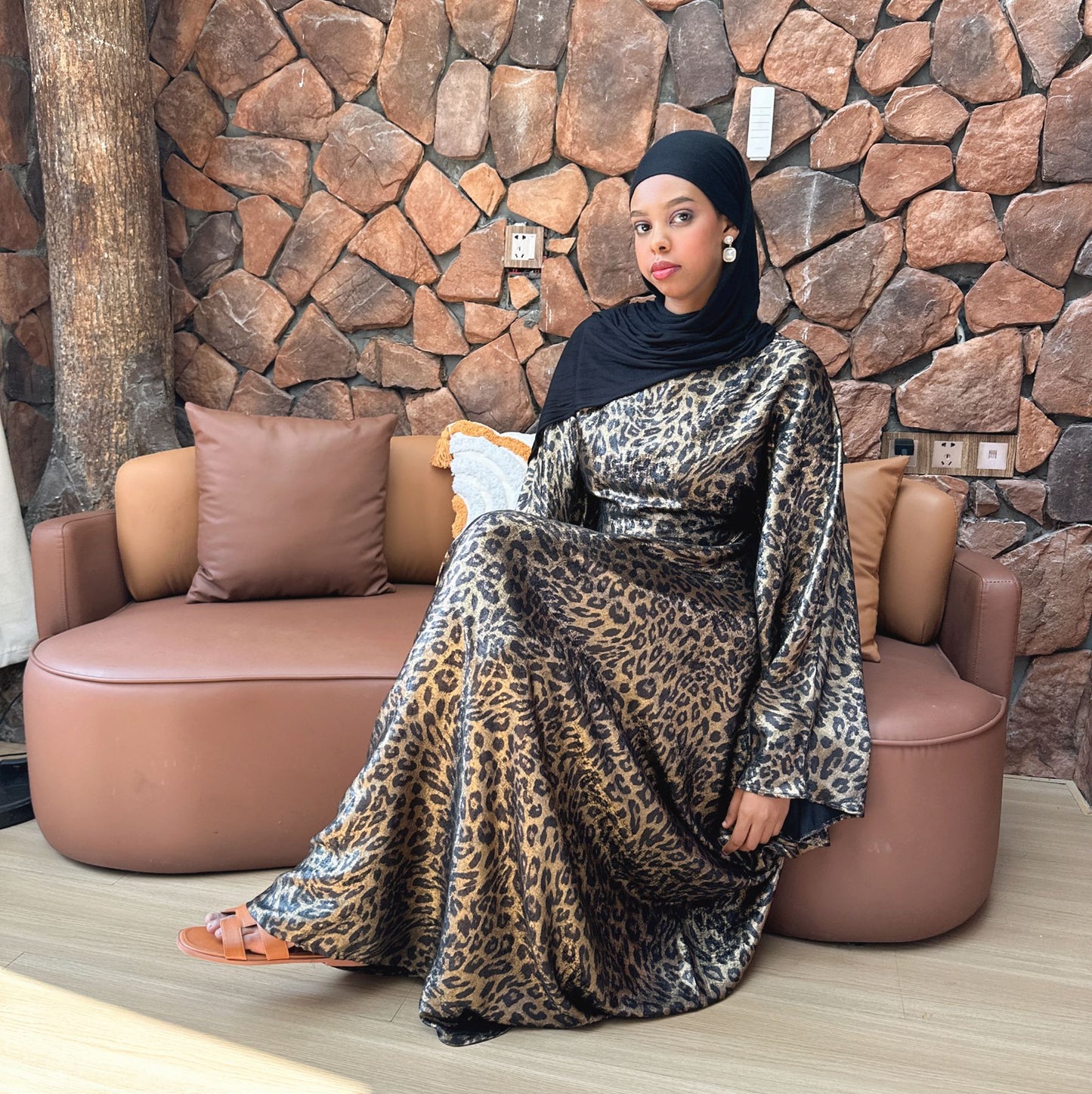 Pure American Print Dress, Batwing Sleeve Leopard Pattern Long Dress