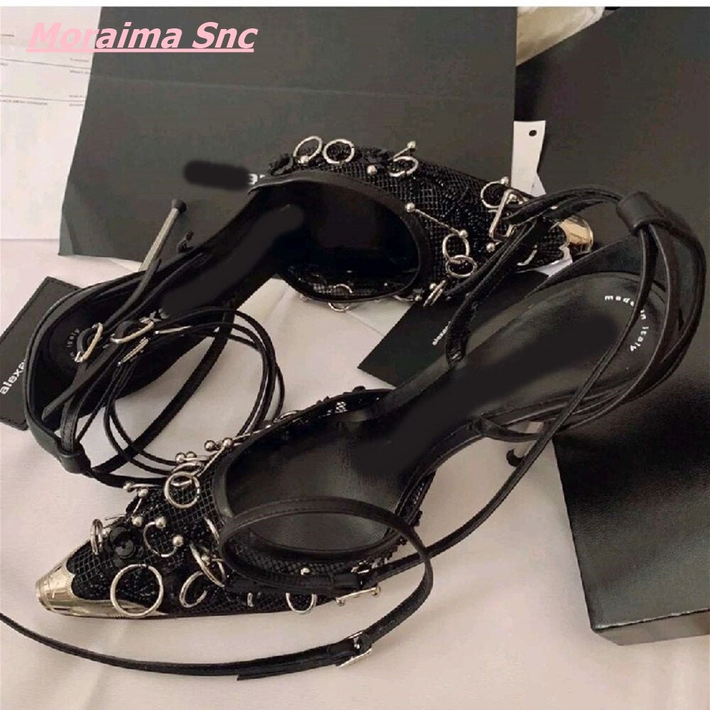Summer Women Sandals Newest Mesh Stiletto One Word Buckle Pointed Toe Cool Shallow Punk Solid Metal Decoration Shoe