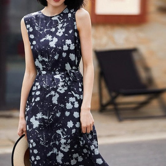Printed Waist-Cinching Sleeveless Dress For Women