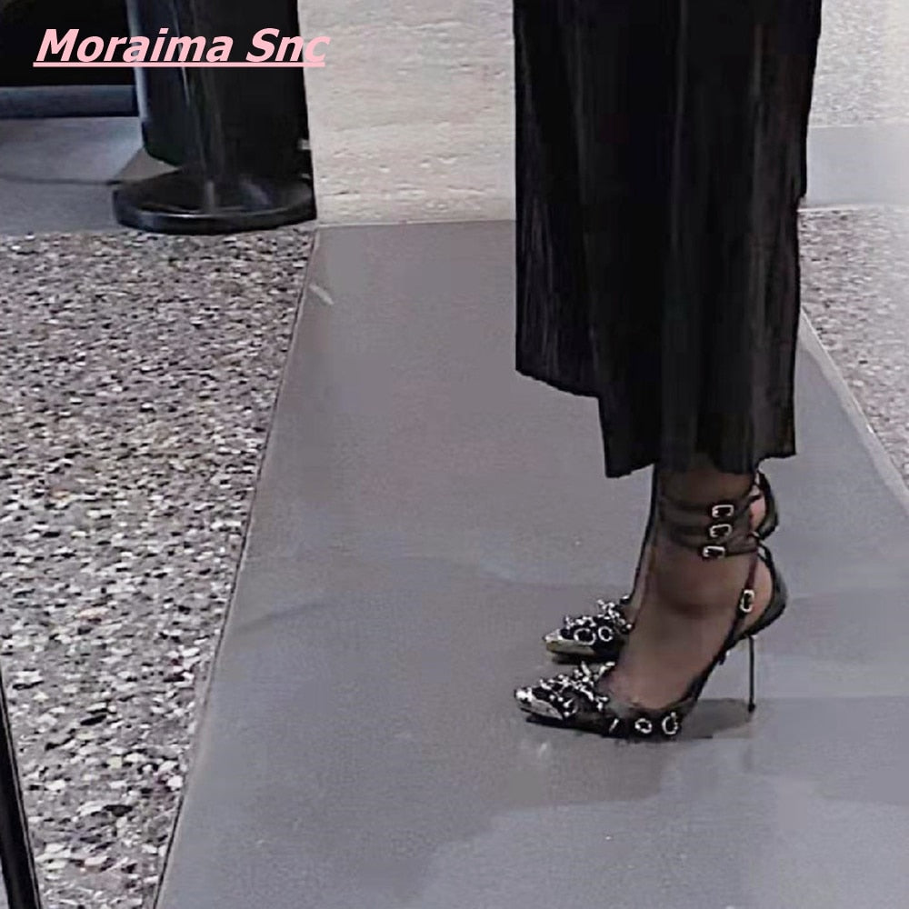 Summer Women Sandals Newest Mesh Stiletto One Word Buckle Pointed Toe Cool Shallow Punk Solid Metal Decoration Shoe