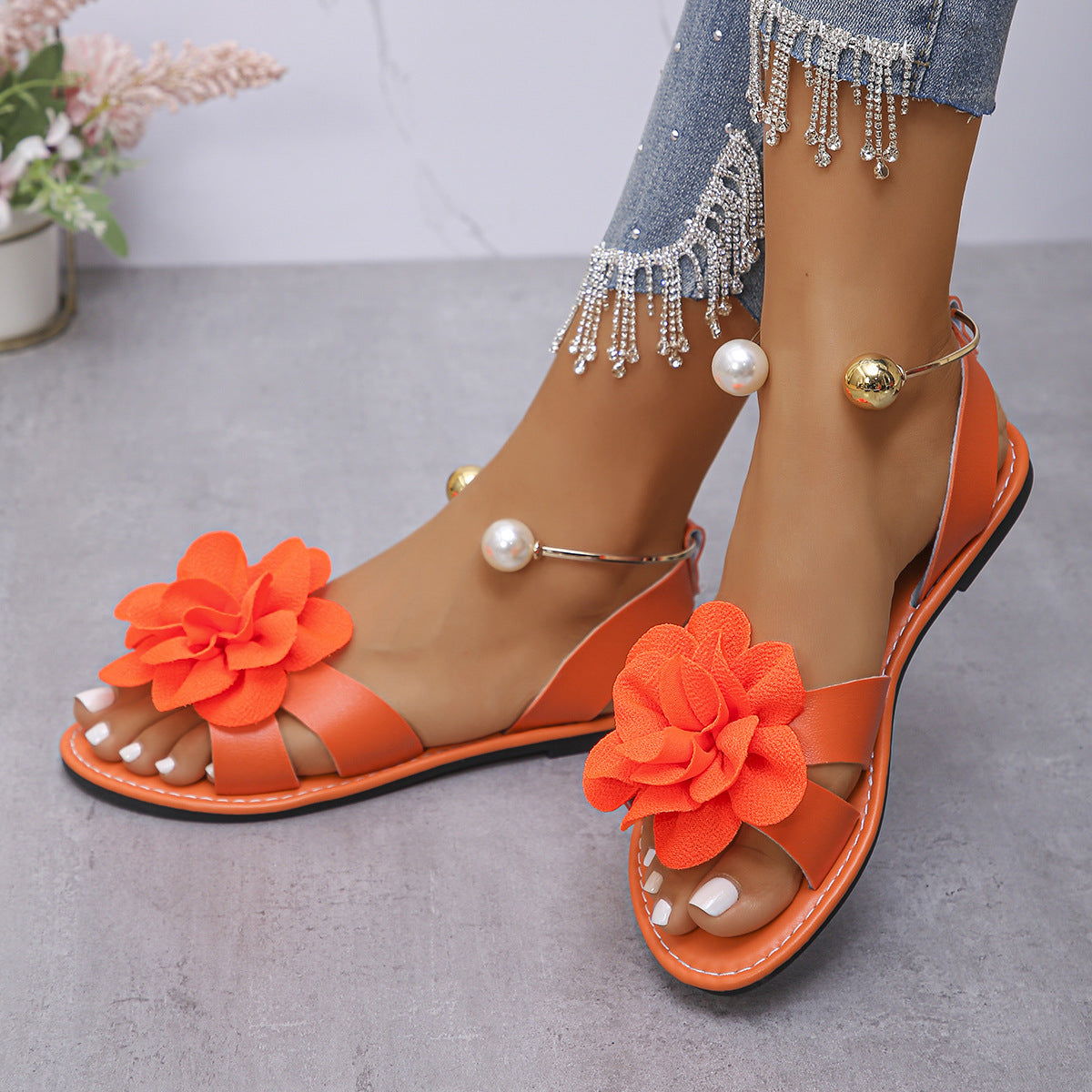 Womens Flat-sole Pearl Strap Sandals