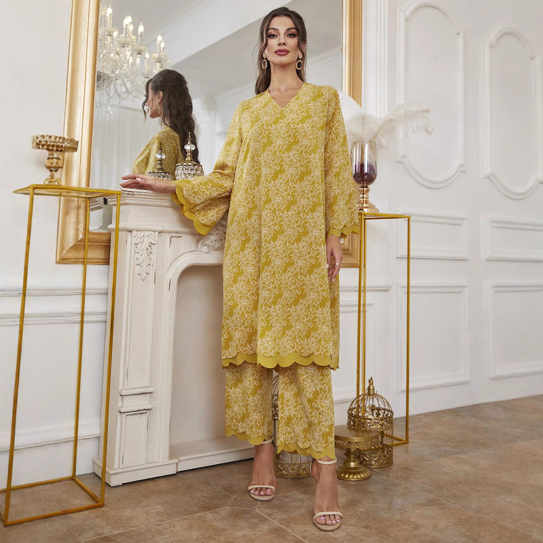 Elegant Floral Print Muslim Abaya Dress Set