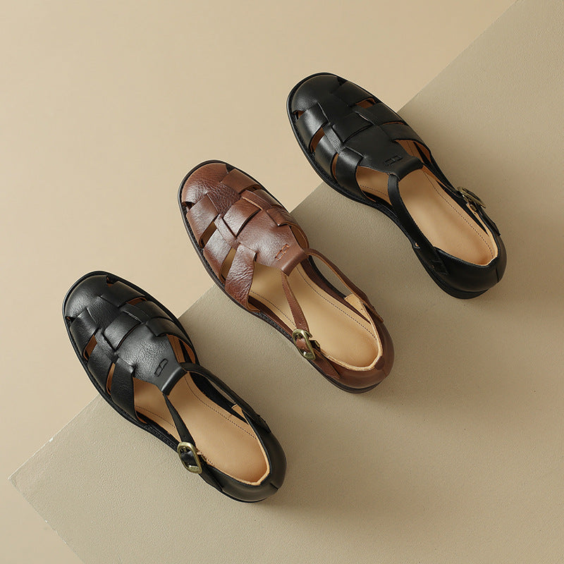 Round Toe Low Heel Leather French Retro Roman Sandals Flat Women's