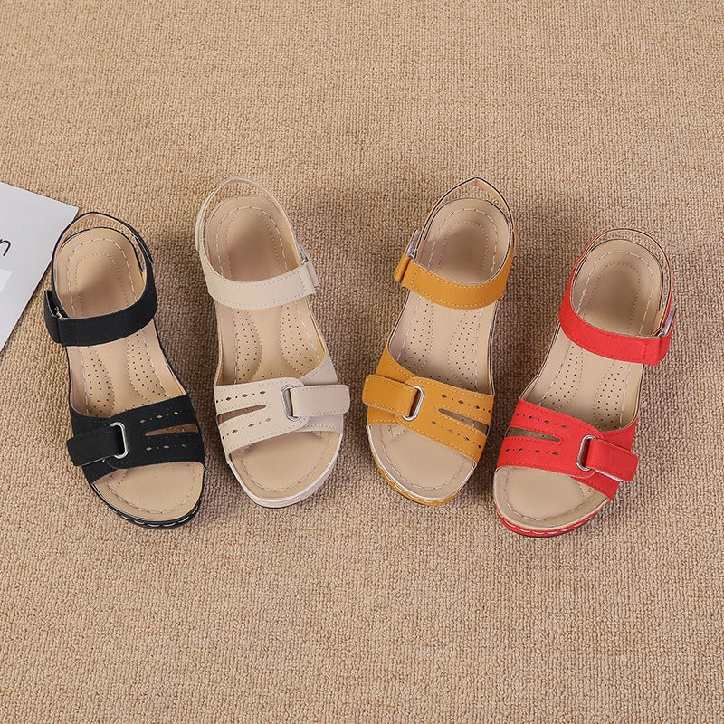 New Type Sandals Womens Flat Bottom Velcro Fish Mouth Thick Bottom Large One Word Strap Sandals