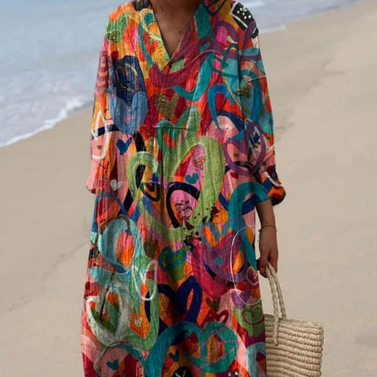 Resort Style Printed Long Sleeve For Women Loose Fitting V Neck Maxi Dress