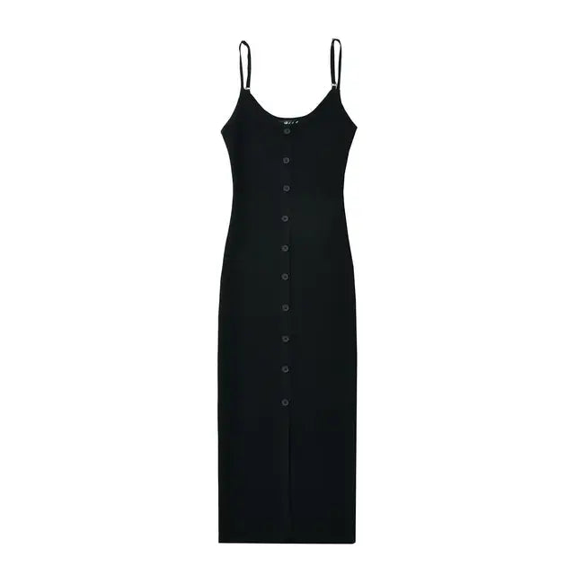 Summer Single Breasted Rib Knitted Dress Women Spaghetti Strap Midi Split Dresses