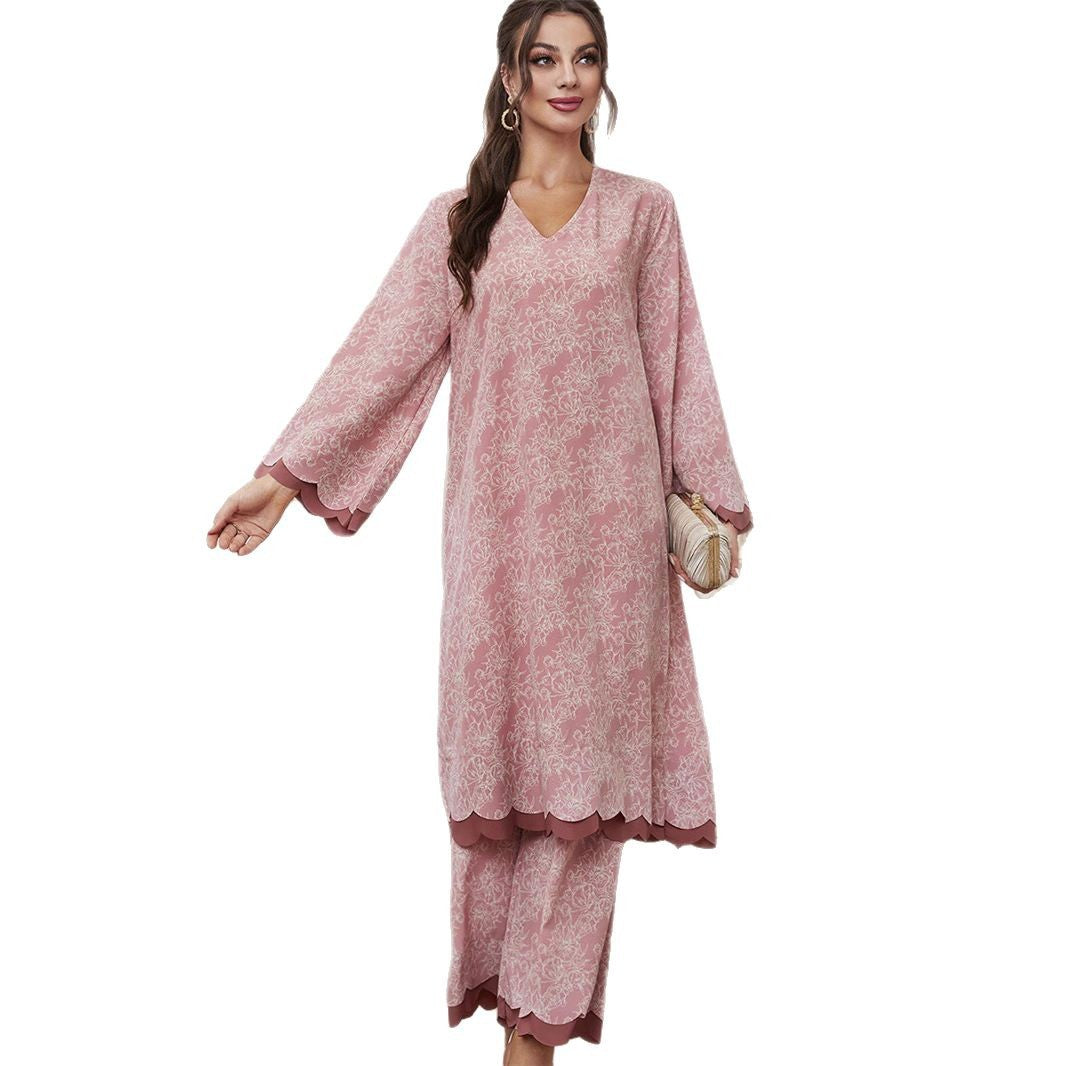 Elegant Floral Print Muslim Abaya Dress Set