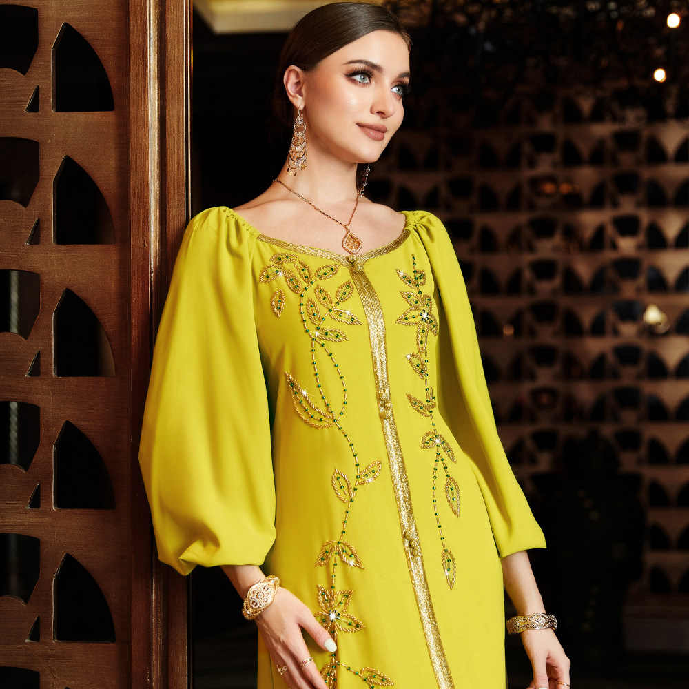 Square-neck Cinched Middle East Dubai Hand-stitched Maxi Dress