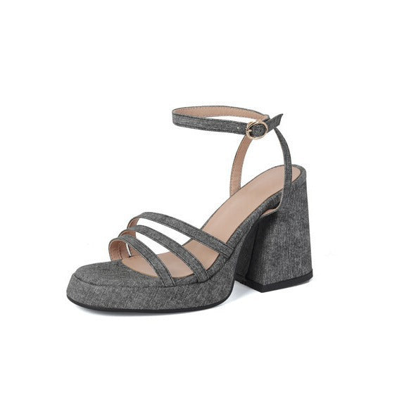 Denim-strapped Sandals With A Round Toe And Chunky Heel For Women