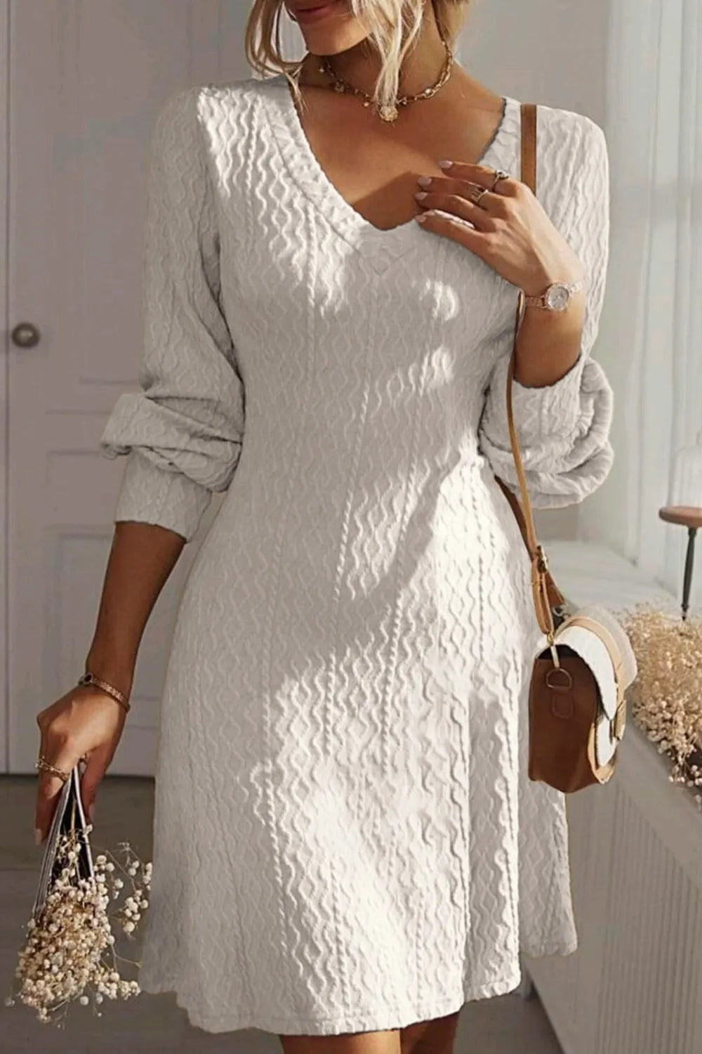 Solid color texture long sleeved elegant French dress women's dress