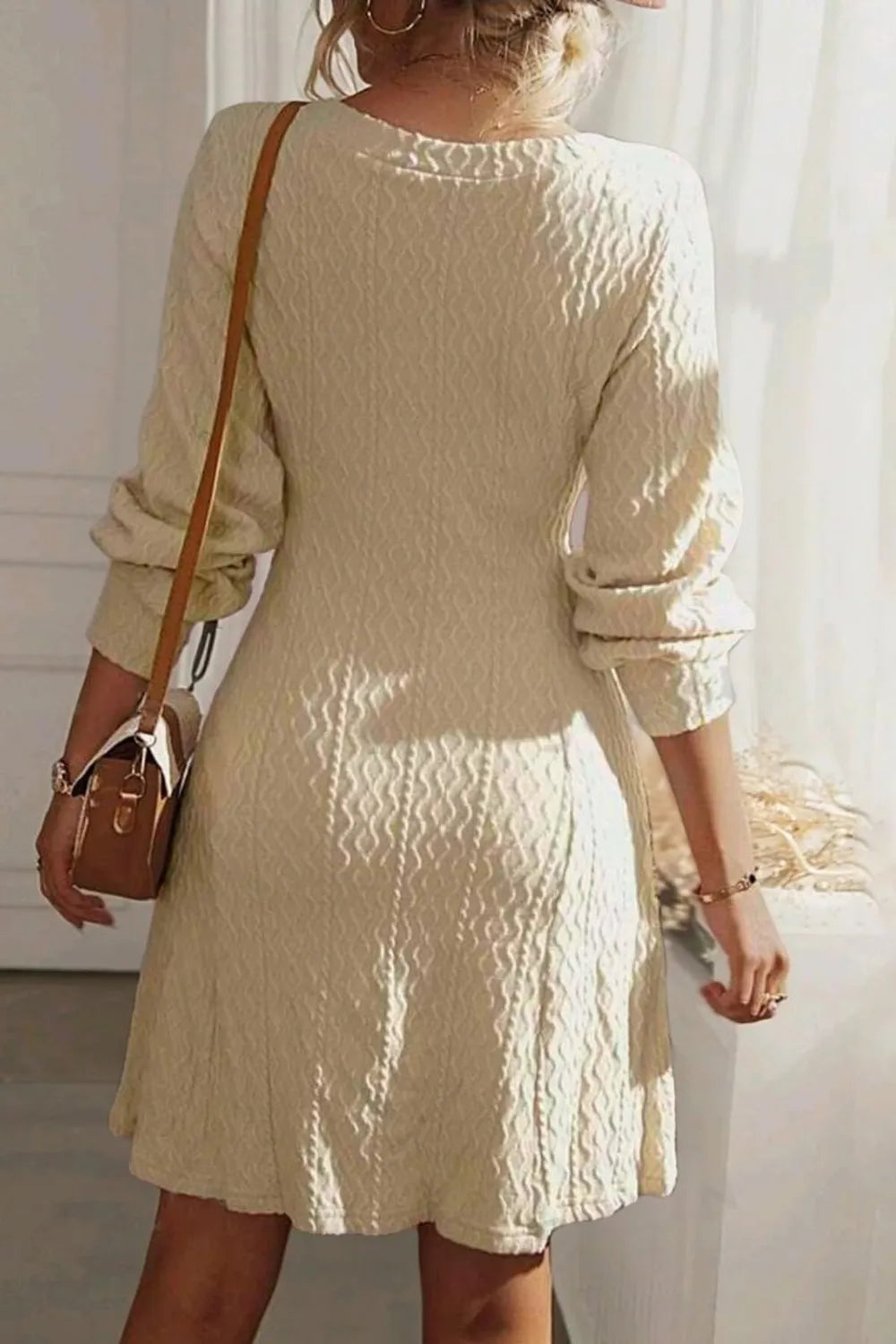 Solid color texture long sleeved elegant French dress women's dress
