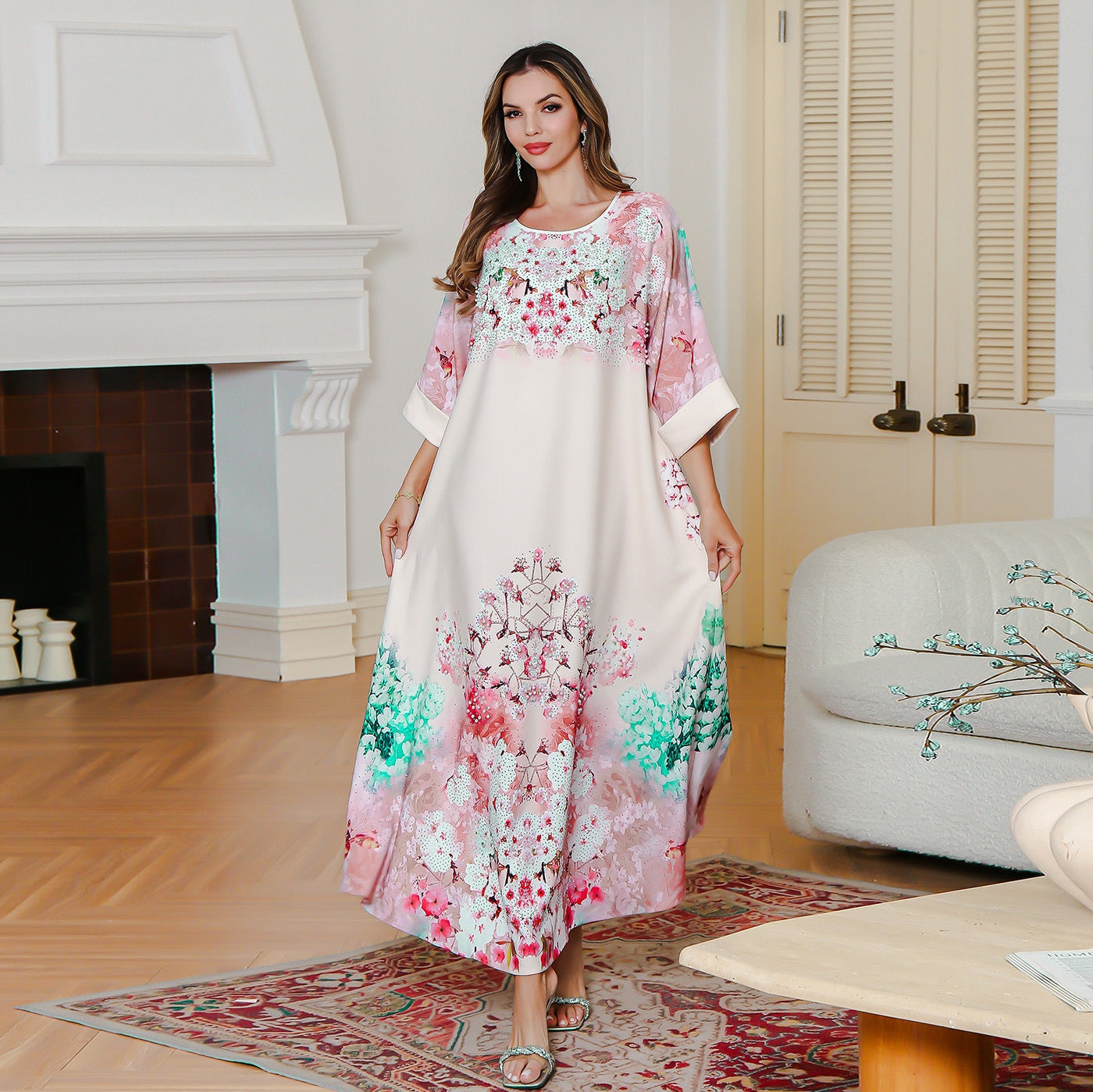 Summer New Muslim Printed Dress Party Middle East Long Dress Abaya Sequined Printed Robe