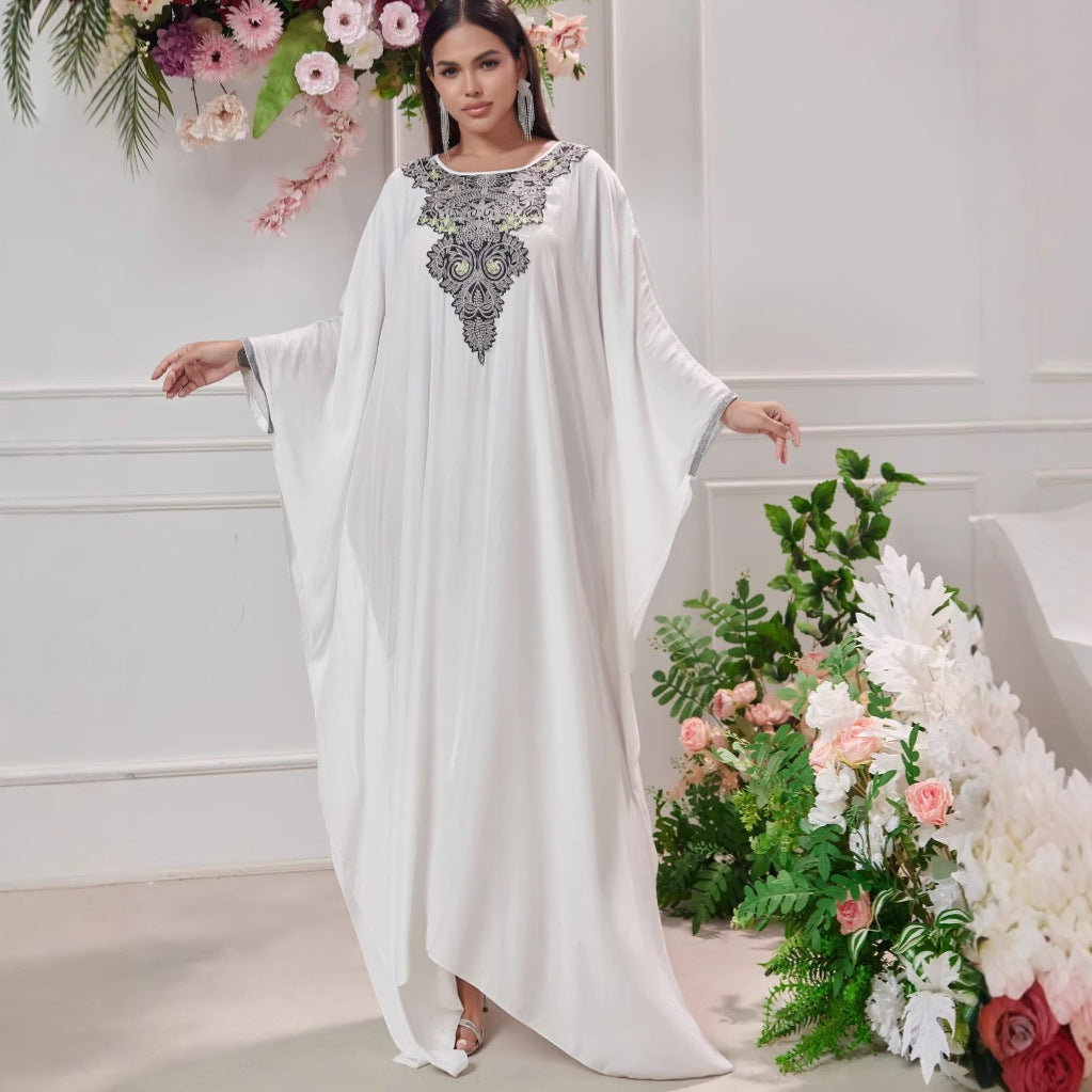 Women's Middle East Muslim Long Robe Heavy Embroidery Splicing Lace Dress Gown