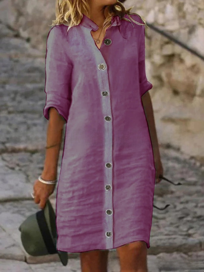 A pure cotton and linen dress with a shirt collar and middle sleeves