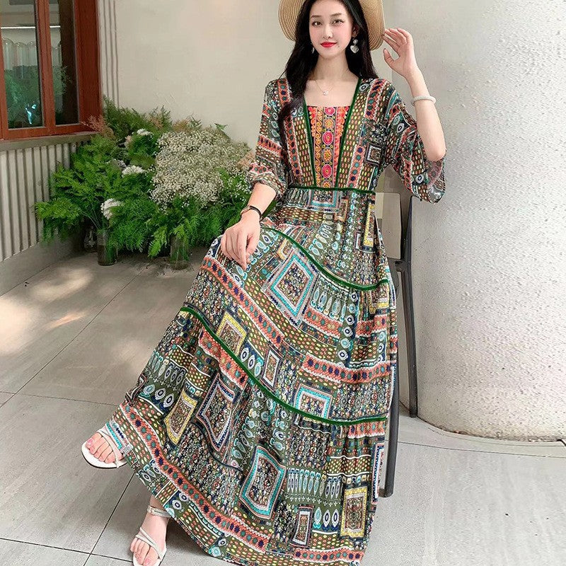 Summer Vintage Cotton Silk Ethnic Style Embroidered Dress Women