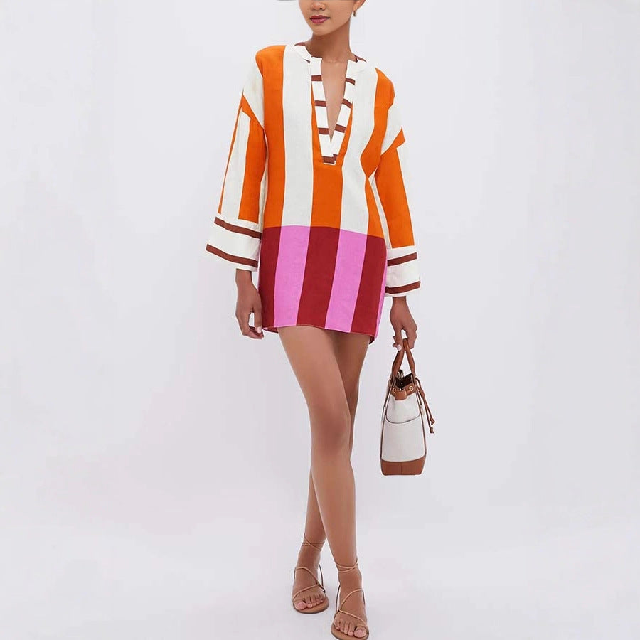 Printed Linen Long Sleeve Dress INS Casual Loose Dress