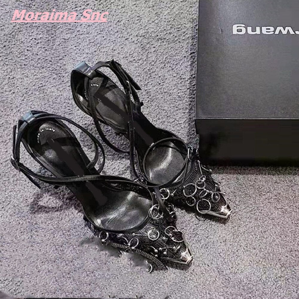Summer Women Sandals Newest Mesh Stiletto One Word Buckle Pointed Toe Cool Shallow Punk Solid Metal Decoration Shoe