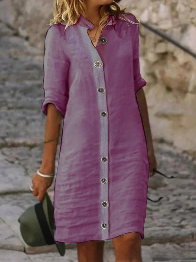 A pure cotton and linen dress with a shirt collar and middle sleeves
