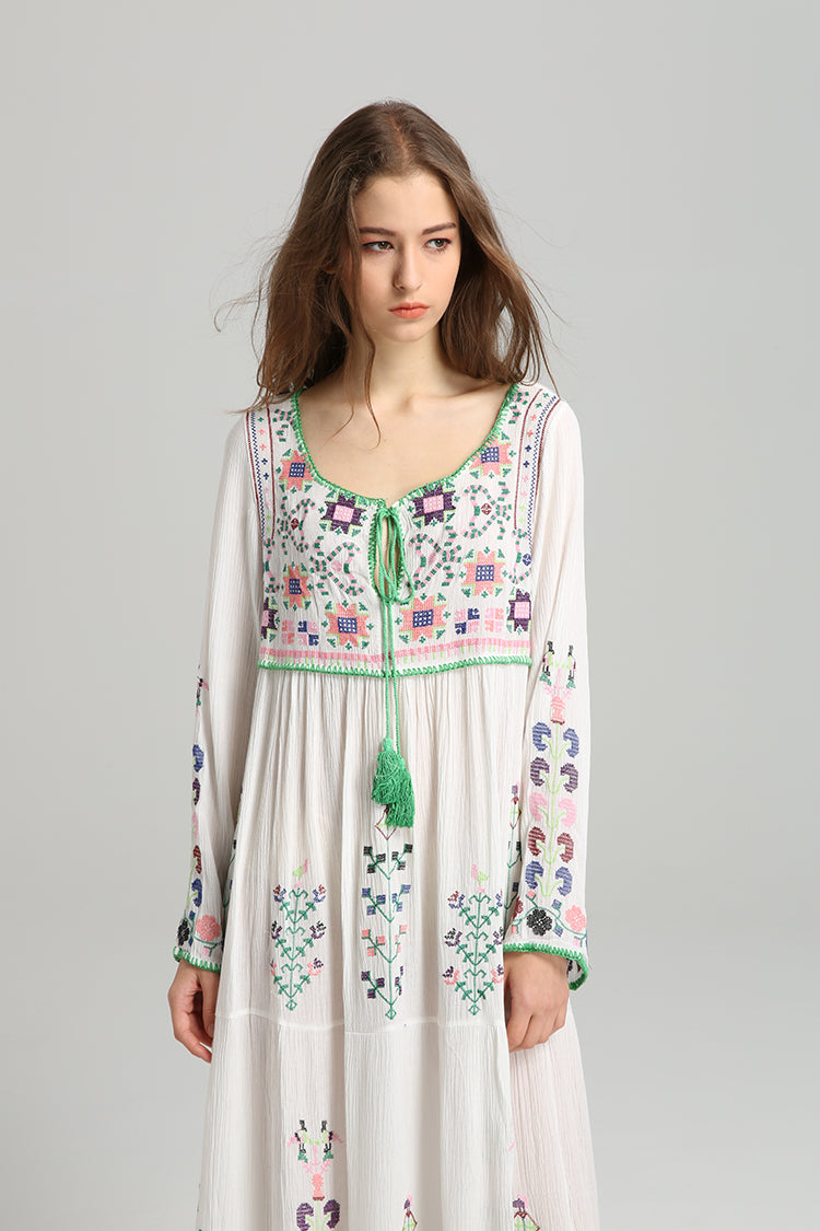 Boho Embroidered Floral Lace-up Maxi Dress