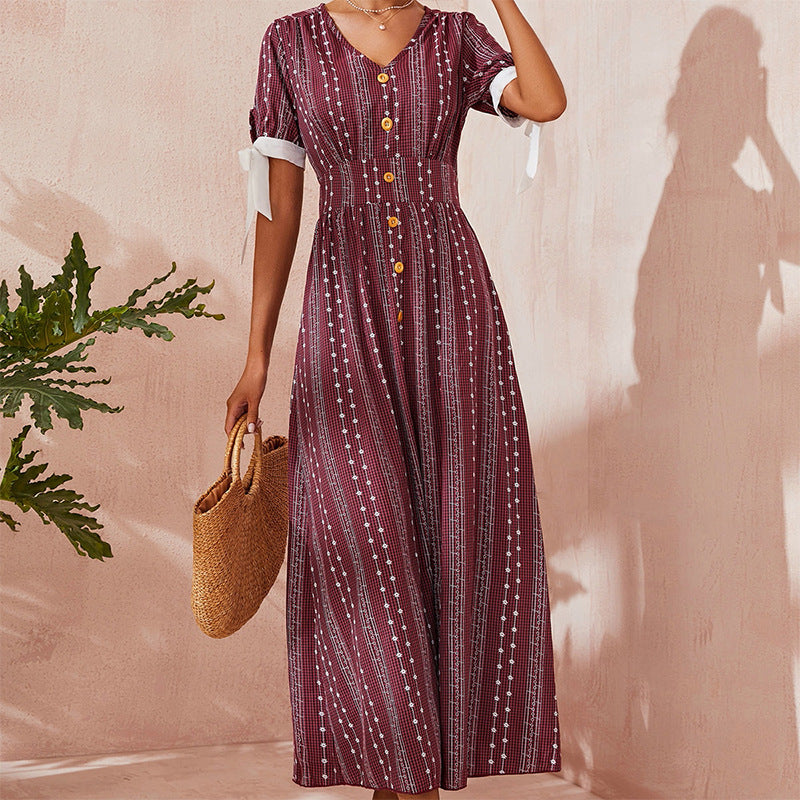 Middle East Short Sleeve Loose Dress Fragmentary Flower Waist Closing Foreign Style Light Mature Women's Dress