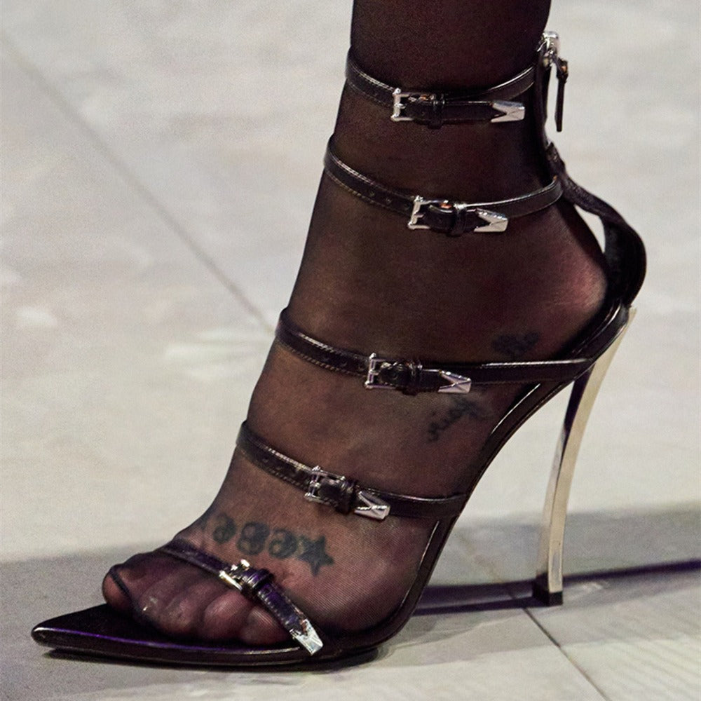 High Heeled Pointed Roman Sandals, Satin Sheepskin Buckle, Womens Oversized Shoes