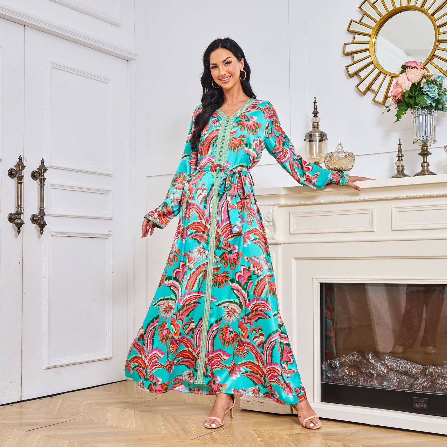 Arab clothing printed color blocked smooth dress