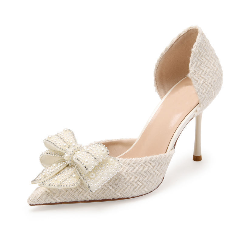 Breathable Side Empty Bow Niche With Skirt Rhinestone Hollow Pumps