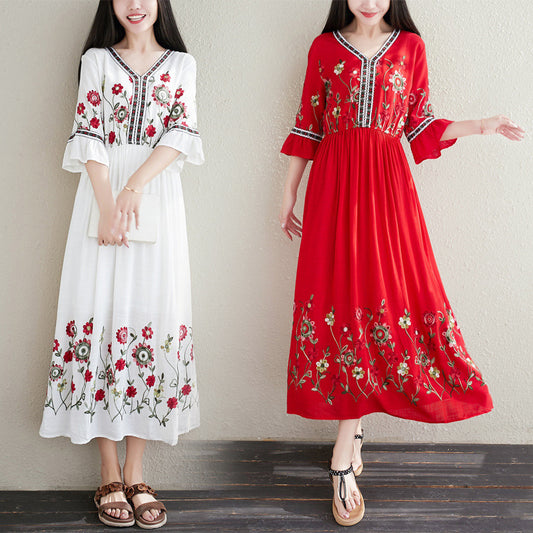 Bohemian Ethnic Style Cotton And Linen Embroidered Dress