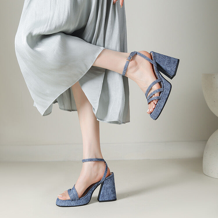 Denim-strapped Sandals With A Round Toe And Chunky Heel For Women