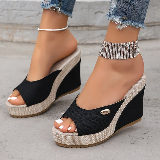 Women's Black Wedge Sandals With Buckle Details, Stylish And Generous