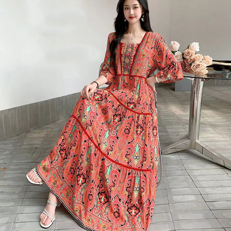 Summer Vintage Cotton Silk Ethnic Style Embroidered Dress Women