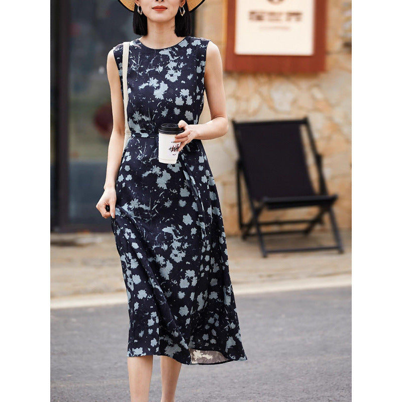 Printed Waist-Cinching Sleeveless Dress For Women