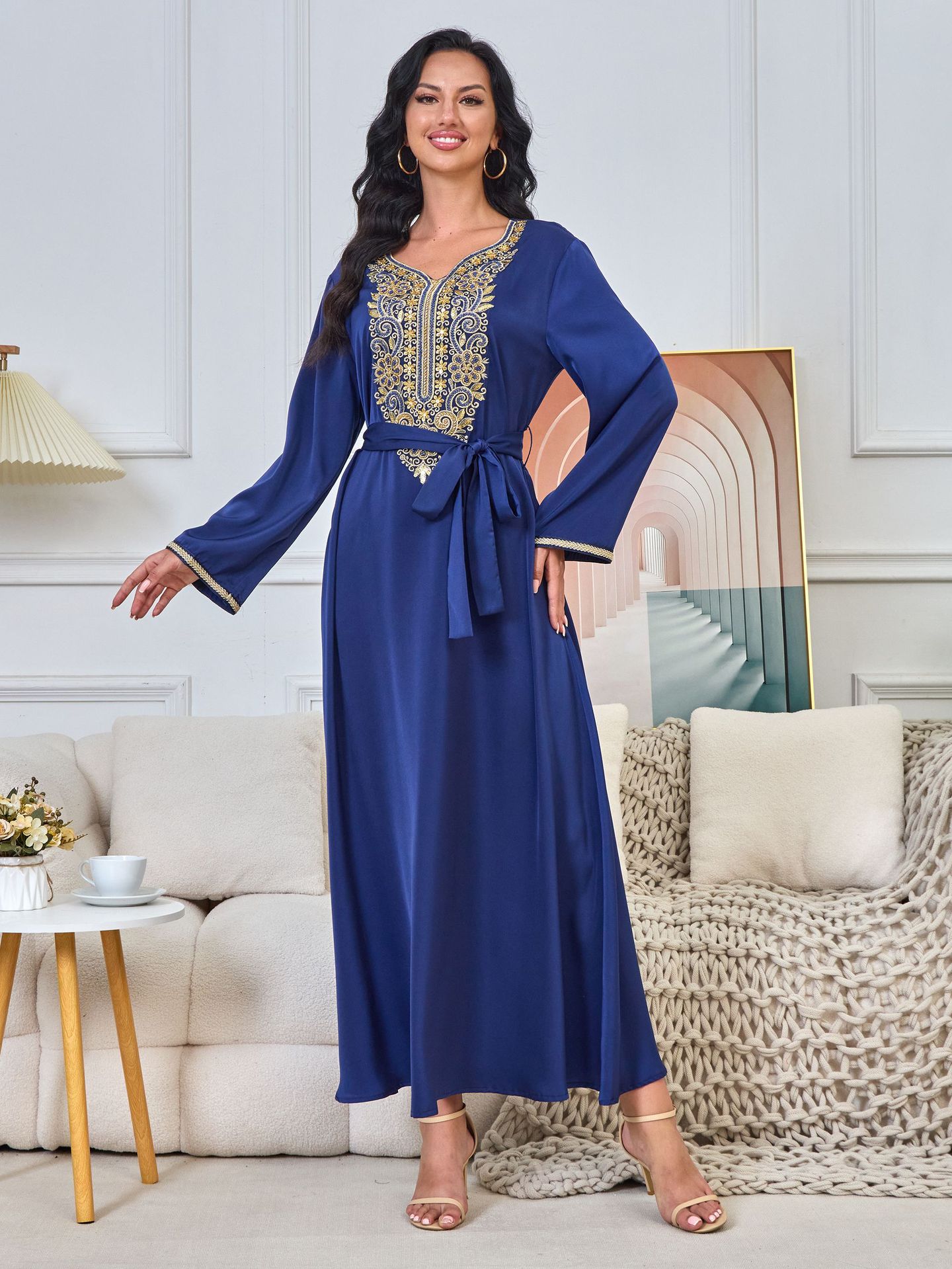 Dubai Abaya Gown Dress With Printed Hot-stone And Embroidered Detailing