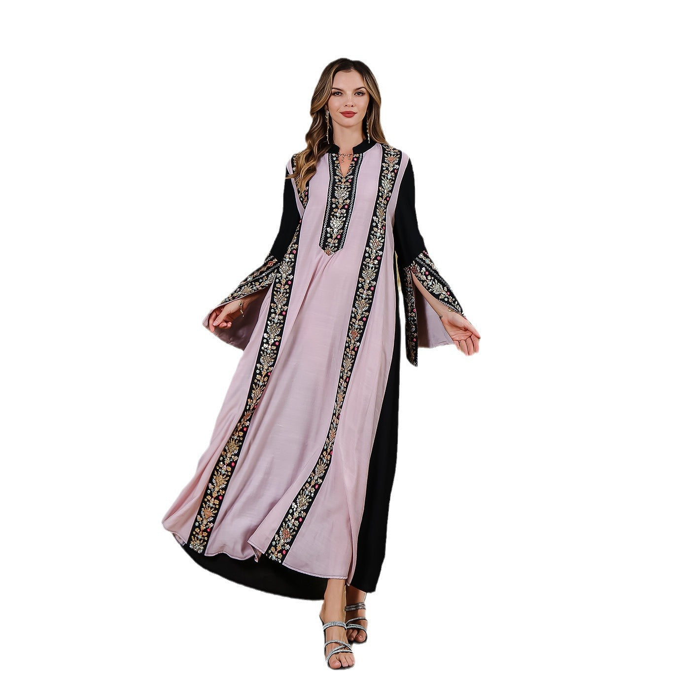 Muslim Dress Middle Eastern Clothing Embroidered Long Robe with Patchwork