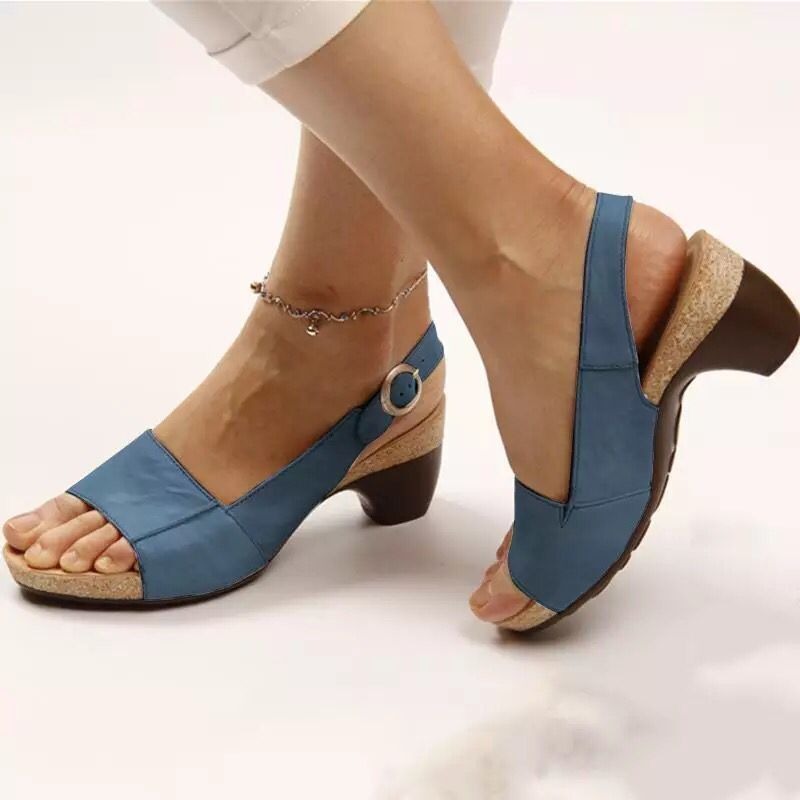 New Summer Medium Heel Thick Bottom Buckle Fish Mouth Sandals Womens Large Heels