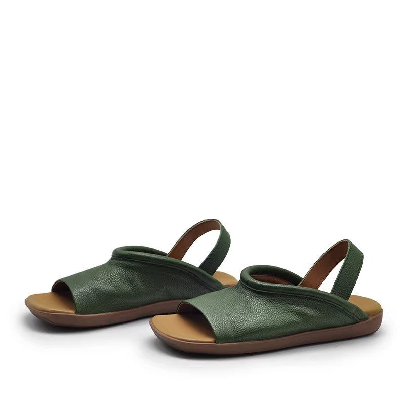 Soft-leather Square-toe Flat-heeled Womens Open-toe Roman-style All-match Beach Sandals For Outdoor Wear