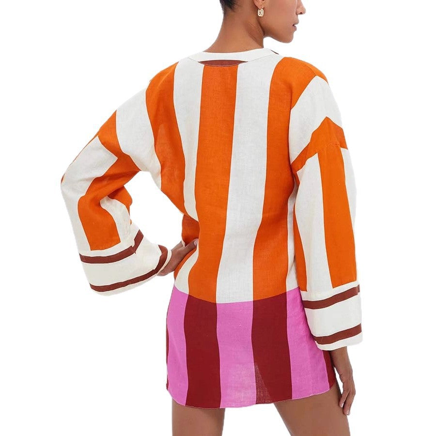 Printed Linen Long Sleeve Dress INS Casual Loose Dress